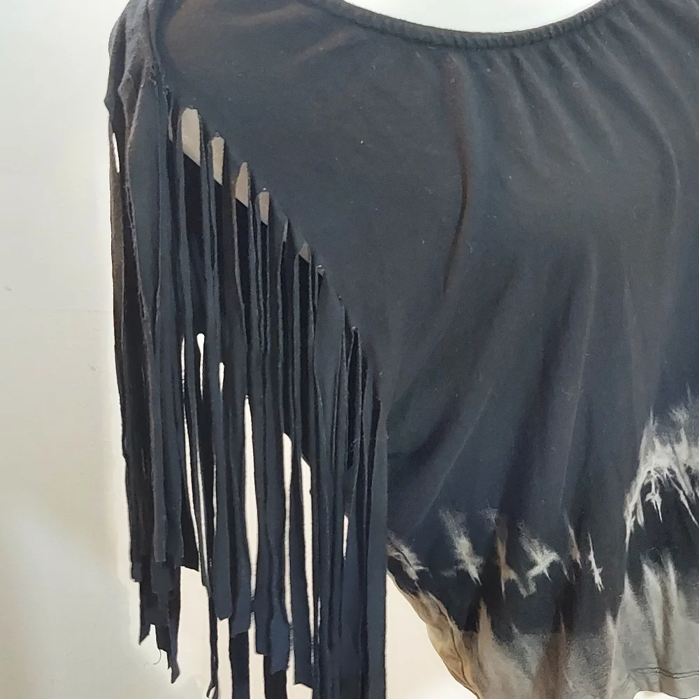 WetSeal Women's Black Tie Dye Bleached Shirt with Fun Fringe Cut Sleeves - Picture 13 of 15